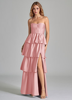Azazie Faye Robes de demoiselle d'honneur Robe Trapèze en Satin extensible Rayé Rose Poudré image4