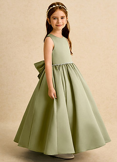 Azazie Daisies vestidos de niña de las flores Vestido de Musgo Verde de Satin Mate de Corte Princesa con Lazo image3