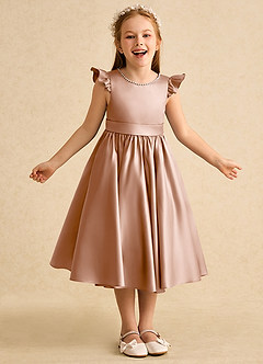 Azazie Dumpling Flower Girl Dresses Champagne Rose A-Line Bow Matte Satin Dress image2