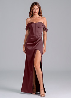 Azazie Asha Bridesmaid Dresses Sangria Sheath Off the Shoulder Stretch Satin Convertible Dress image1
