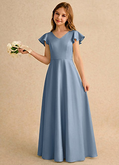 Azazie Nari Girls Formal Sukienki dla dziewczynek sypiących kwiaty Linia A z rękawami Matowy satynowy Długość podłogi Sukienka image1