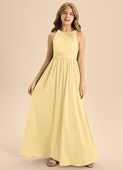 Azazie Jaylah Junior Butter A-Line Pleated Stretch Satin Dress image4