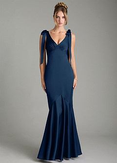 Azazie Alena Bridesmaid Dresses Dark Navy Mermaid Pleated Stretch Satin Dress image1