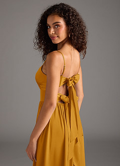Azazie Zeya Bridesmaid Dresses Butterscotch A-Line Pleated Stretch Satin Dress image5