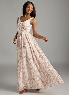 Azazie Keyla Vestidos de damas de honor Vestido de Floral Helecho Rosa de Gasa de Corte en A con Cuello en V Plisado image1