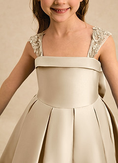 Azazie Genie Flower Girl Dresses Champagne Ball-Gown Off the Shoulder Matte Satin Dress image4