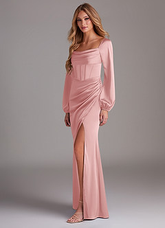 Azazie Charissa Bridesmaid Dresses Powder Pink Sheath Long Sleeve Stretch Satin Dress image5