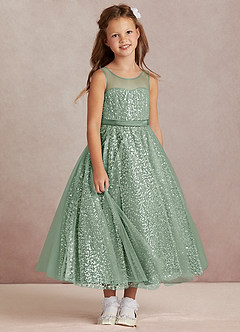 Azazie Siwa Blumenmädchenkleider A-Linie Mit Perlen Tüll Kleid Matcha image2