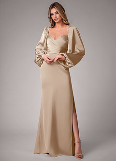 Azazie Sonata Bridesmaid Dresses Taupe Sheath Long Sleeve Stretch Satin Convertible Dress image1