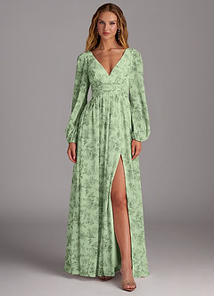 Azazie Norah Brautjungfernkleider A-Linie Lange Ärmel mit V-Ausschnitt Chiffon Kleid Grüner Farn Blumen image1