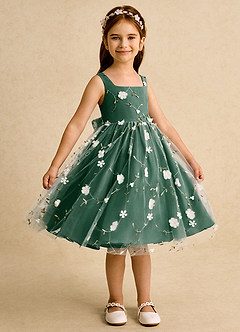 Azazie Bean Flower Girl Dresses Dark Green Ball-Gown Sleeveless Tulle Dress image4