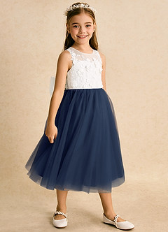 Azazie Lina Flower Girl Dresses Ivory Dark Navy Ball-Gown Lace Dress image3