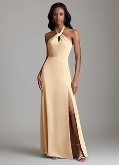 Azazie Tracie Bridesmaid Dresses Champagne A-Line Side Slit Stretch Satin Dress image1