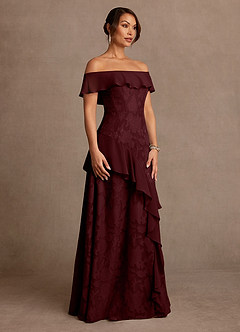 Azazie Marina Mother of the Bride Dresses Cabernet A-Line Off the Shoulder Floral Burnout Dress image3