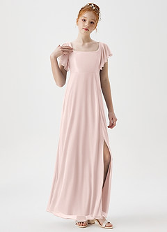 Azazie Bondi Junior Blushing Pink A-Line Side Slit Mesh Dress image5