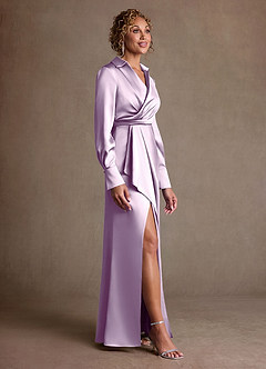 Azazie Jacinta Mother of the Bride Dresses Frosted Lilac Sheath Pleated Stretch Satin Dress image4