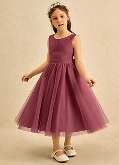 Azazie Macaron Flower Girl Dresses Merlot A-Line Pleated Tulle Dress image4