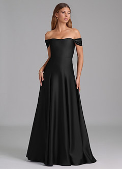 Azazie Seriana Jurken voor bruidsmeisjes Converteerbaar Jurk van Stretch Satijn met A-Lijn Off the Shoulder Zwart image1