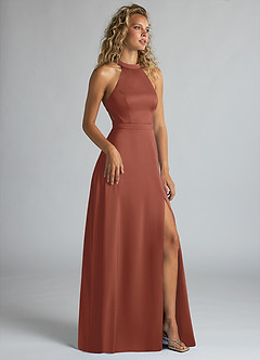 Azazie Clarice Bridesmaid Dresses Auburn A-Line High Neck Stretch Satin Dress image2