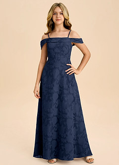 Azazie Anselie Junior Dark Navy A-Line Off the Shoulder Floral Burnout Dress image3