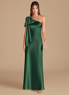 Azazie Capri Vestidos de damas de honor Vestido de Verde Oscuro de Satén Metálico de Corte Recto con Hombro unilateral image3