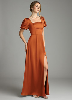 Azazie Fyona Bridesmaid Dresses Cinnamon A-Line Pleated Stretch Satin Dress image5