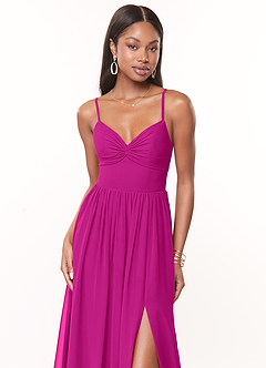 Azazie Zeya Vestidos de damas de honor Vestido de Fucsia de Gasa de Corte en A con Cuello en V plisado image5