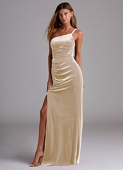 Azazie Eren Final Sale Champagne Sheath One Shoulder Velvet Dress image1