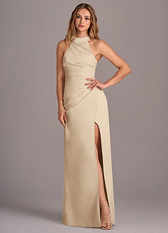 Azazie Jemma Robes de demoiselle d'honneur Robe Fourreau en Mousseline de soie Plissée Champagne image4