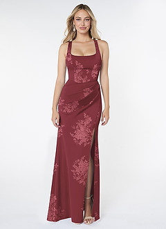 Azazie Mero Vestidos de damas de honor Vestido de Ramo De Flores Burdeos de Satén Elástico de Corte Recto con Plisado image1
