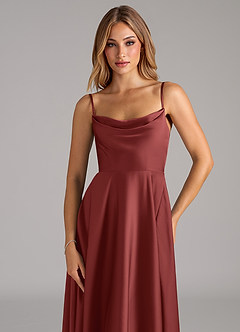 Azazie Elle Robes de demoiselle d'honneur Robe Trapèze en Satin extensible Plissé Terracotta image2