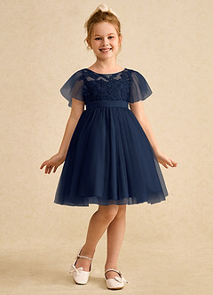 Azazie Queenie Robe Demoiselle D'honneur Fillette Robe Trapèze en Dentelle Bleu Marine Foncé image3