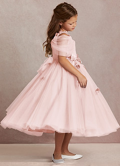 Azazie Shaylee Jurken voor bloemenmeisjes A-Lijn Jurk van Tule Off the Shoulder Blozend Roze image4