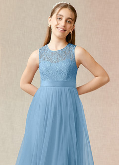 Azazie Georgette Junior Vestido de Azul Acero de Tul de Corte En A con Encaje image10