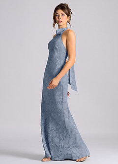 Azazie Velli Vestidos de damas de honor Vestido de Azul Polvoriento de Devorado Floral de Corte Sirena con Cuello Alto image3