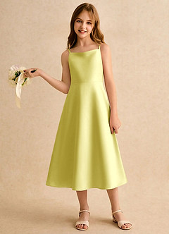 Azazie Jaella Girls Formal Flower Girl Dresses Lemon Sorbet A-Line Pleated Matte Satin Dress image2