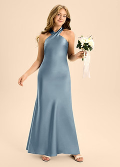 Azazie Doretta Junior Dusty Blue A-Line Pleated Stretch Satin Dress image5