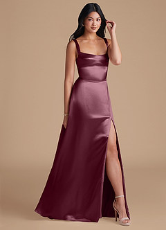 Azazie Hope Bridesmaid Dresses Cabernet A-Line with Pockets Metallic Satin Dress image1