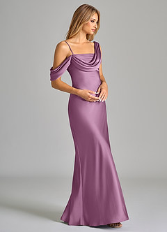 Azazie Celina Bridesmaid Dresses Wisteria Sheath Off the Shoulder Stretch Satin Dress image6