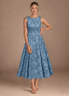 Azazie Fulton vestidos de madre de la novia Vestido de Azul Acero de Devorado Floral de Corte En A con Plisado image4