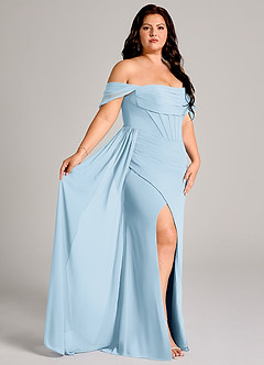 Azazie Amyra Bridesmaid Dresses Sky Blue Sheath Off the Shoulder Chiffon Convertible Dress image12