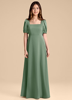 Azazie Briar Junior Vestido de Matcha de Satén Elástico de Corte en A con Lazo image7