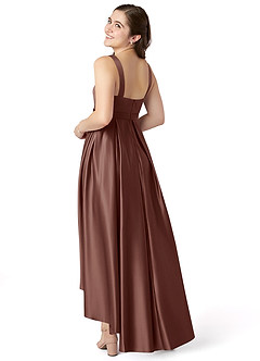 Azazie Inaya Junior Espresso A-Line with Belt Stretch Satin Dress image4