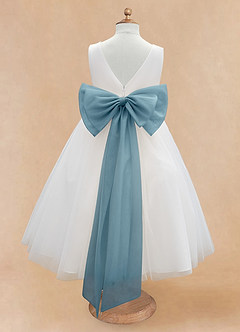 Azazie Kavi Flower Girl Dresses Ivory Moody Blue A-Line Bow Matte Satin Dress image8