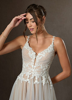 Azazie Devi Wedding Dresses Diamond White Nude A-Line V-Neck Lace Tulle Dress image3