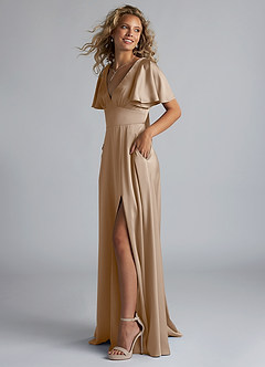 Azazie Kimber Bridesmaid Dresses Taupe A-Line Ruched Stretch Satin Dress image6