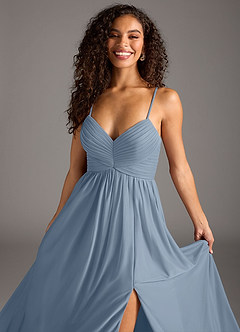 Azazie Alia Final Sale Dusty Blue A-Line Pleated Mesh Dress image2