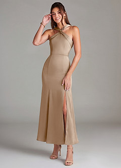 Azazie Rue Bridesmaid Dresses Taupe Mermaid Pleated Stretch Satin Dress image1
