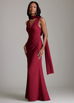 Azazie Linelle At-home Try On Dresses Burgundy Mermaid Pleated Chiffon Dress image4