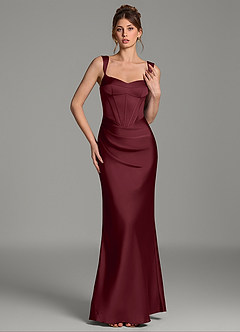 Azazie Mela At-home Try On Dresses Dusty Rose Sheath Corset Stretch Satin Dress image5